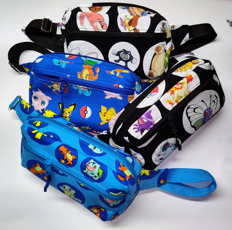 Collection of adjustable Pokémon-print fanny packs
