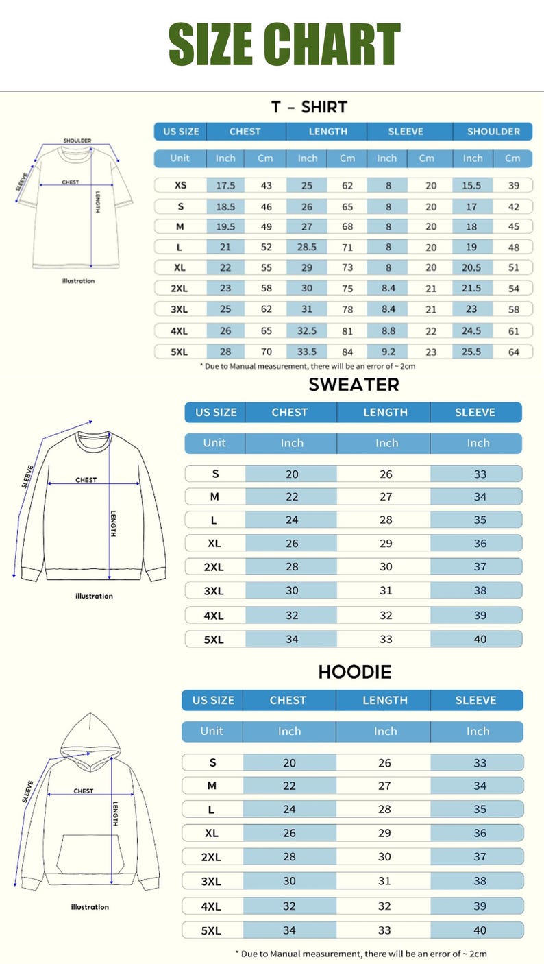 T-shirt, sweatshirt, and hoodie size chart