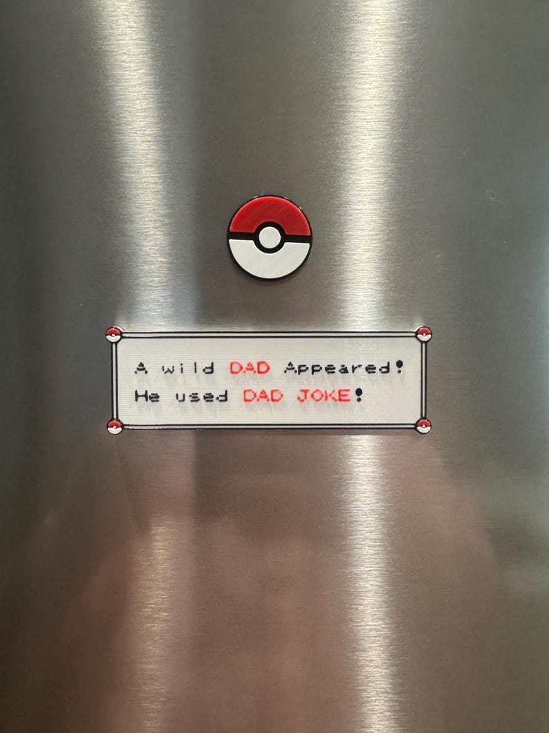 Retro game-inspired Pokémon Dad text-box and ball fridge magnet set