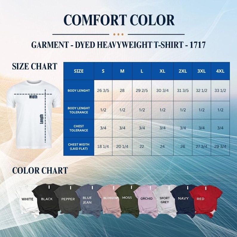 Adult Comfort Colors size and color chart