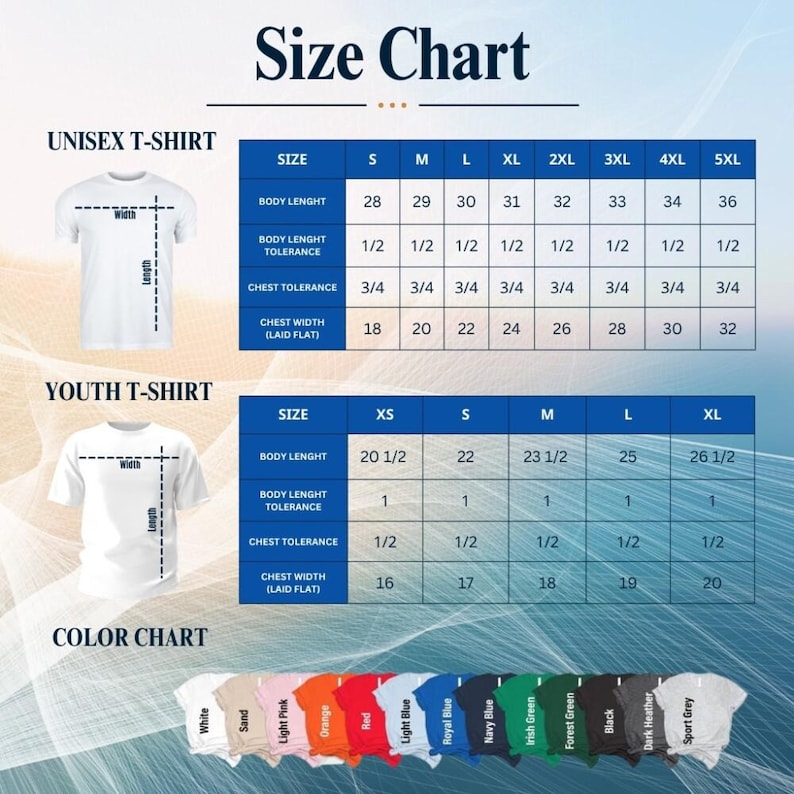 Unisex and youth Gildan tee size and color chart