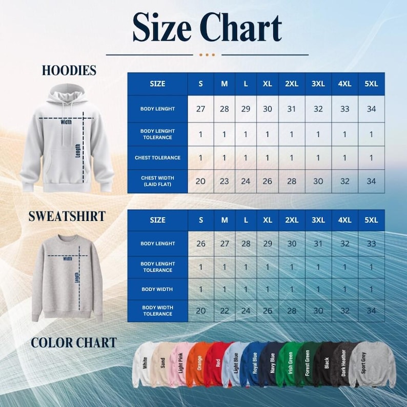 Gildan sweatshirt and hoodie size and color chart