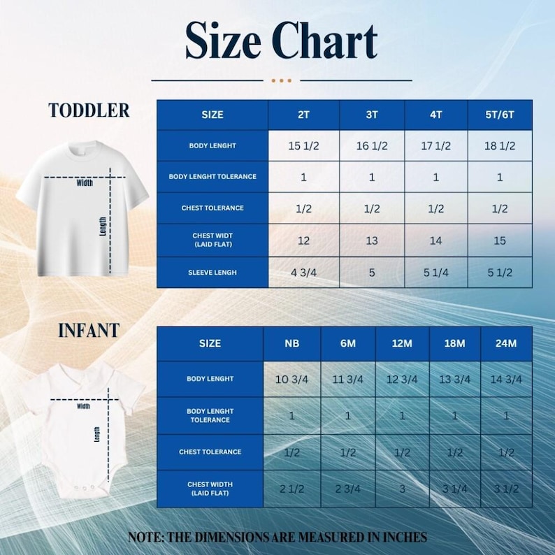 Toddler and infant apparel size chart