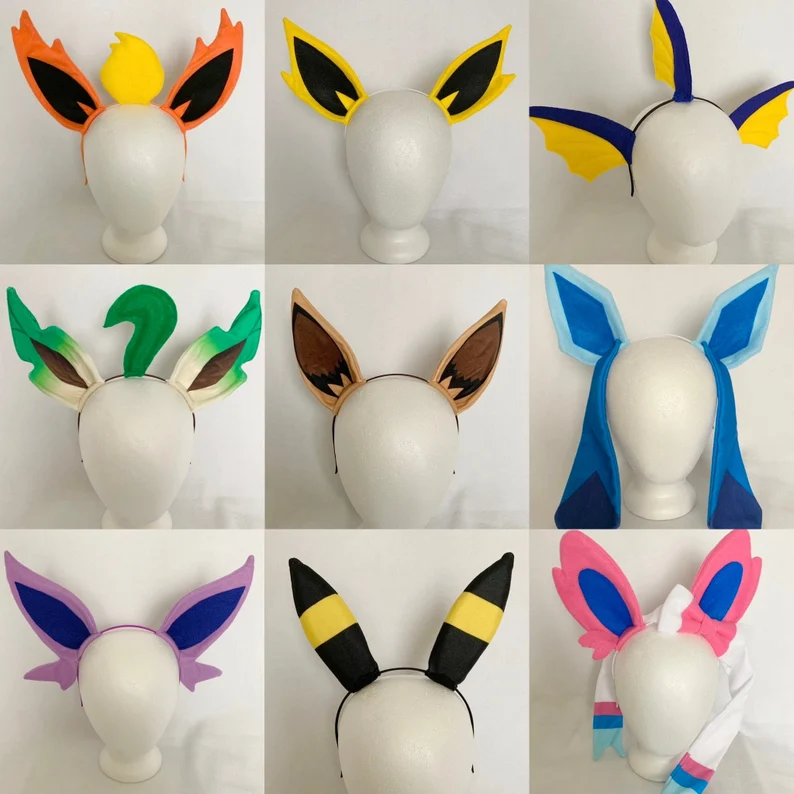 Nine Eeveelution cosplay ear headband styles arranged in a grid