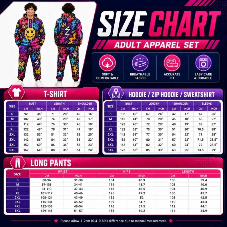 Adult apparel size chart for shirts, hoodies, sweatshirts, and pants