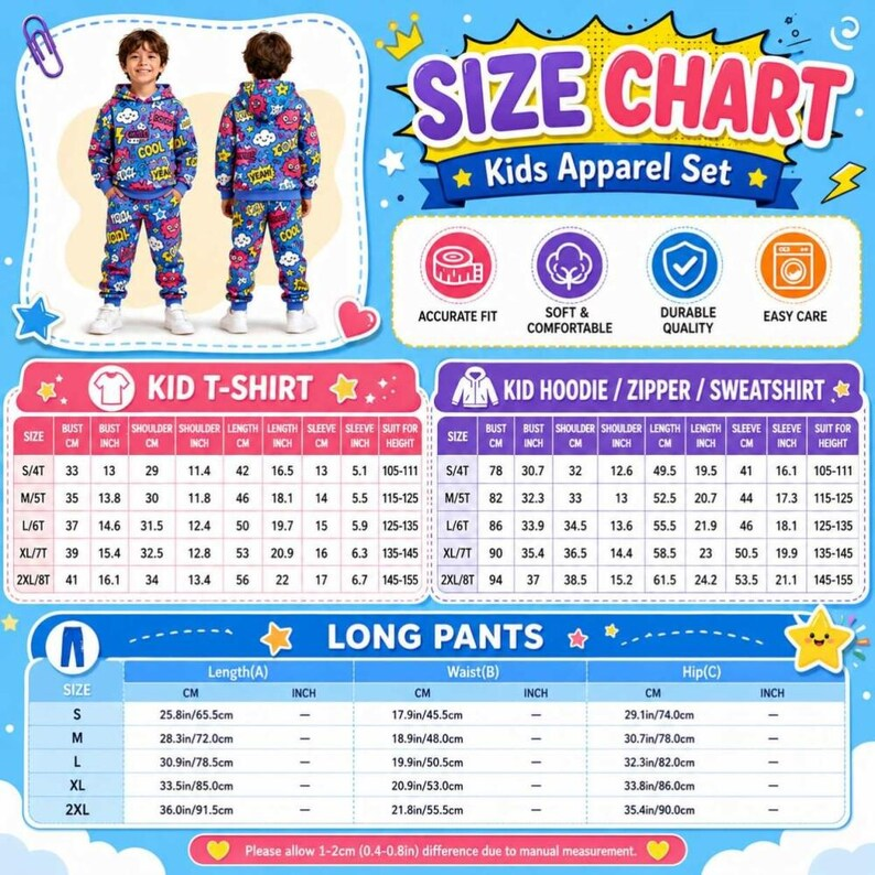 Kids apparel size chart for shirts, hoodies, sweatshirts, and pants